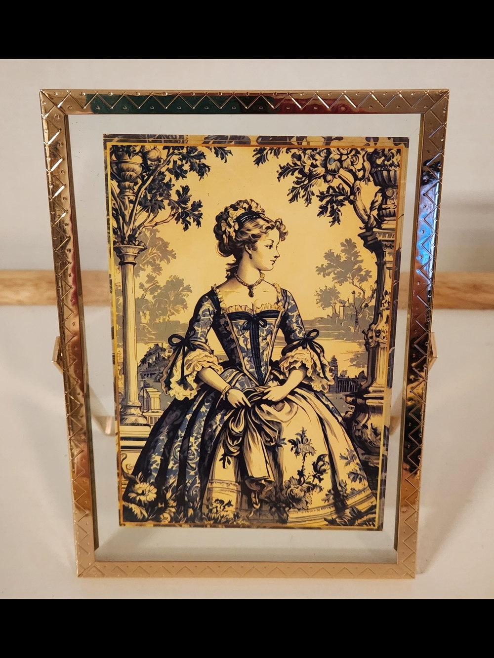 NWT Nicole Miller Gold Floating Frame 5x7 w/ Vintage French Fashion Art Print